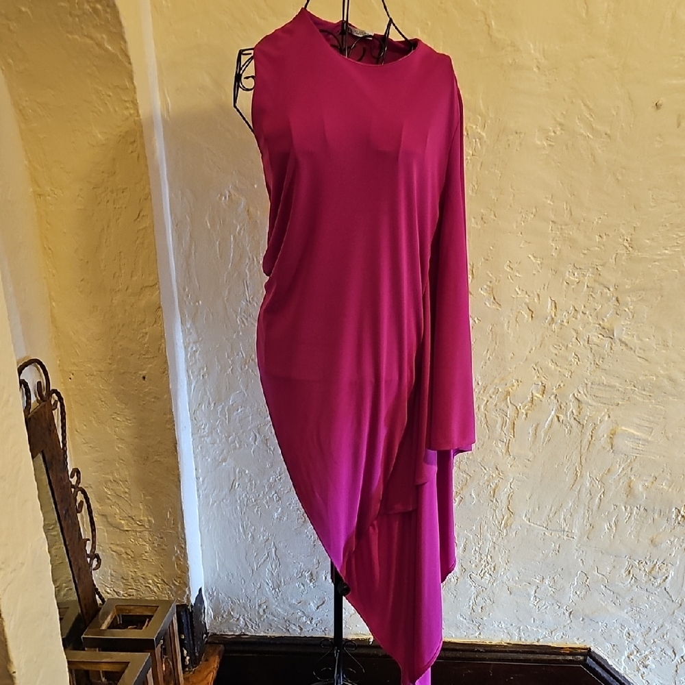 Zara Fuchsia One-Shoulder Asymmetrical Draped Dress